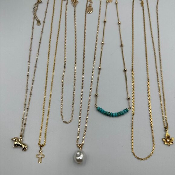 Necklace Lot Gold Tone Pendant Style Thin Chain Link Faux Pearl Puppy Cross - Picture 4 of 16